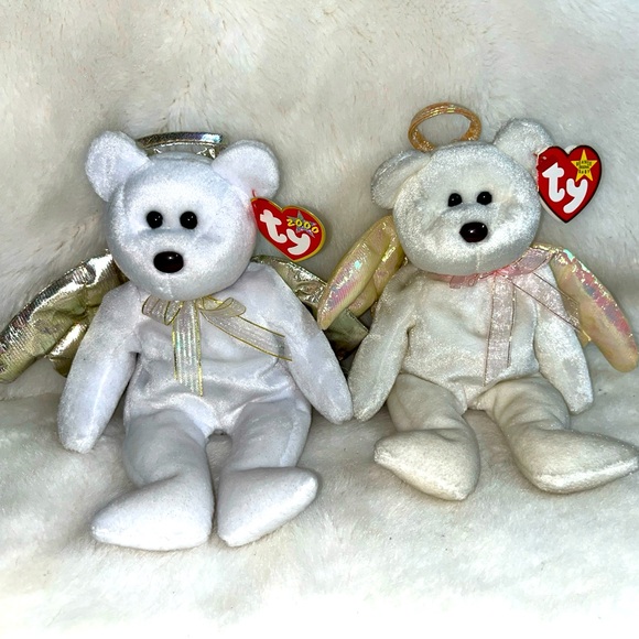 Retired Ty Hallo and Hallo II Angel Bear Beanie Baby Rare with Brown Nose - Picture 1 of 8